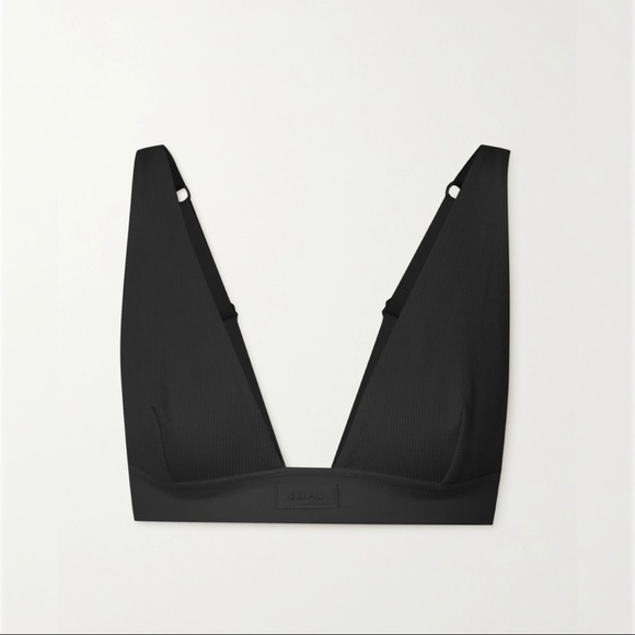 Skims Bralette Plunge Ribbed Cotton Jersey Women's Solid Black Soot Wireless Med - Picture 2 of 10